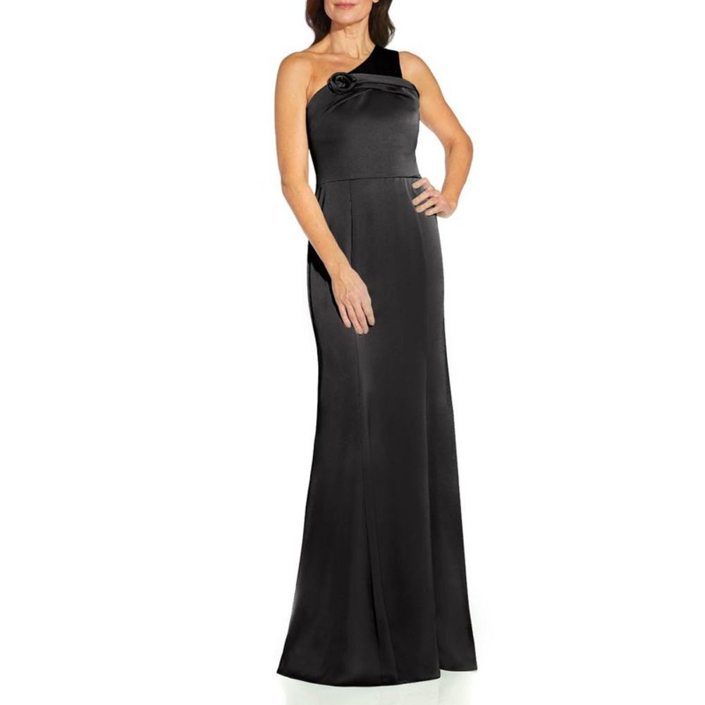 Aidan Mattox Womens Black Satin Maxi One Shoulder Evening Dress Gown NWT